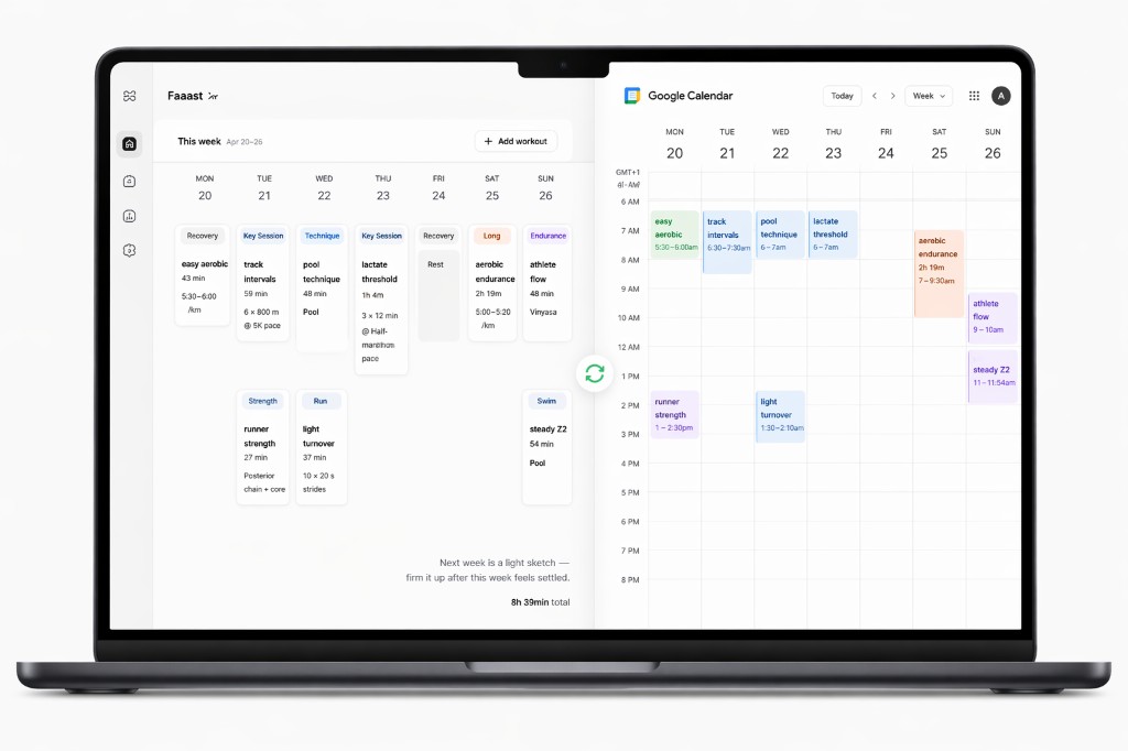 Training week calendar shown beside an athlete workspace.