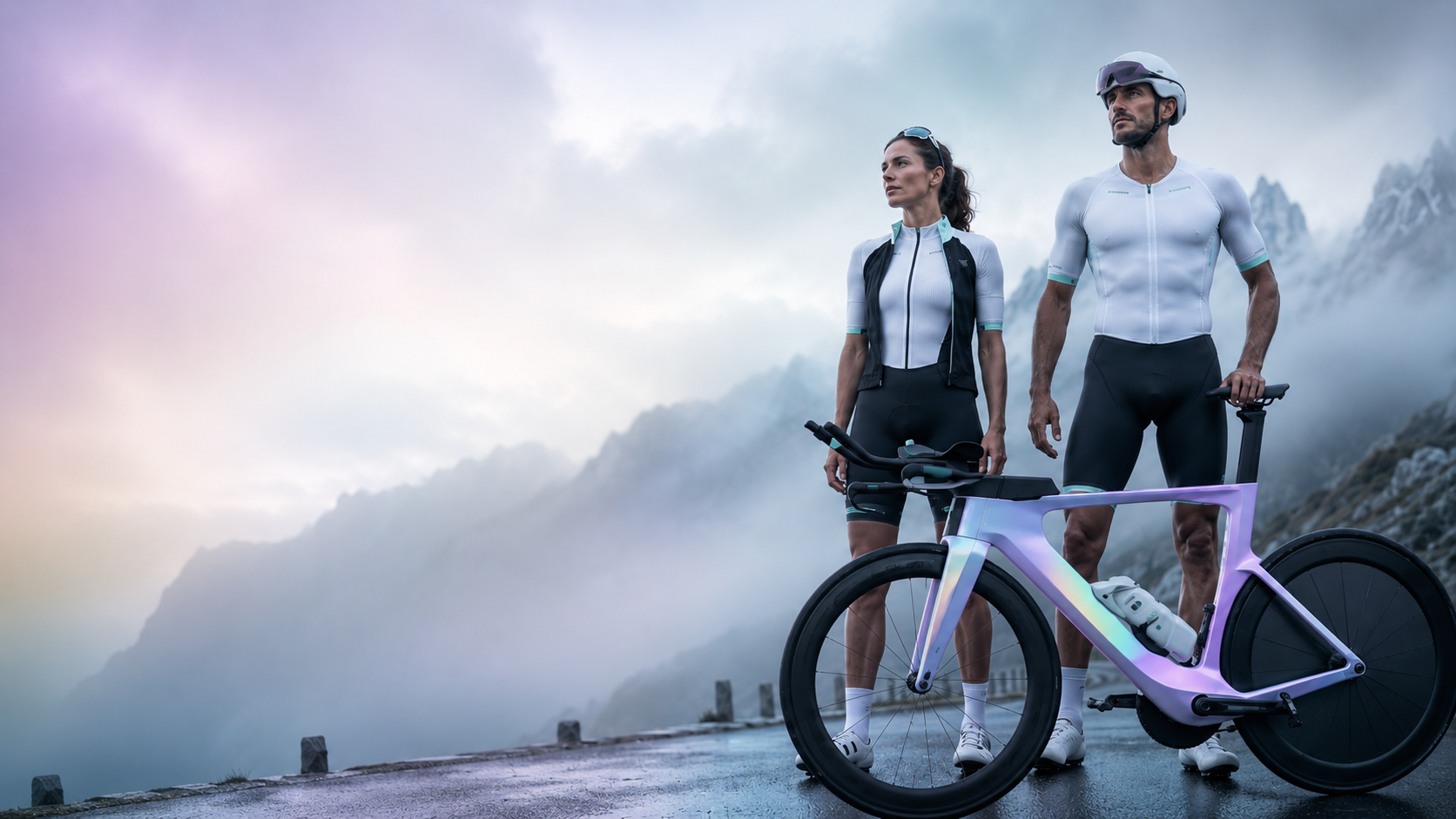 Two cyclists stand beside an iridescent bike on a misty mountain road.